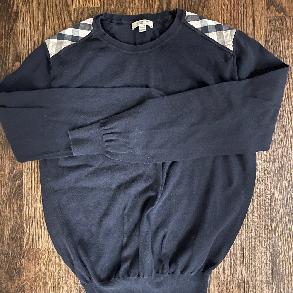 Burberry Navy Crewneck Sweater with Check Accents